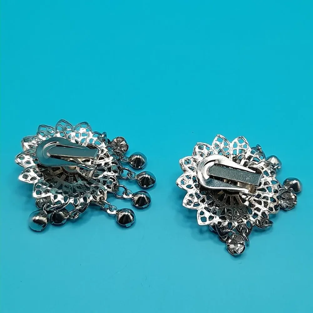 Vintage Waterfall Rhinestone Filigree Clip-On Earrings Tassel Dangle